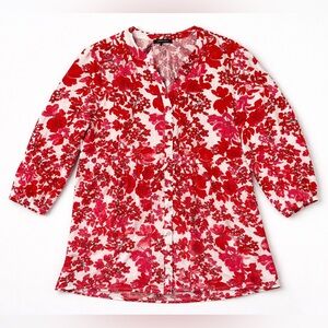 OLSEN Red Floral Blouse Peplum Button Front 3/4 Sleeve Lightweight Top Large